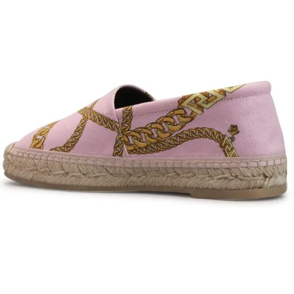 New Versace Pink & Gold Chain Graphic-Print Canvas Slip-On Espadrilles - Picture 2 of 14